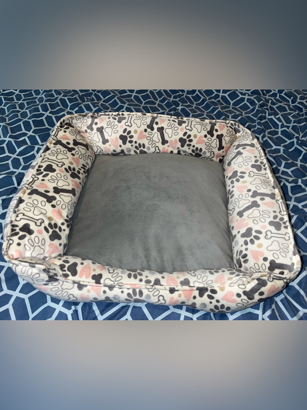Plush Dog Bed in Gray and Pink Paw Print